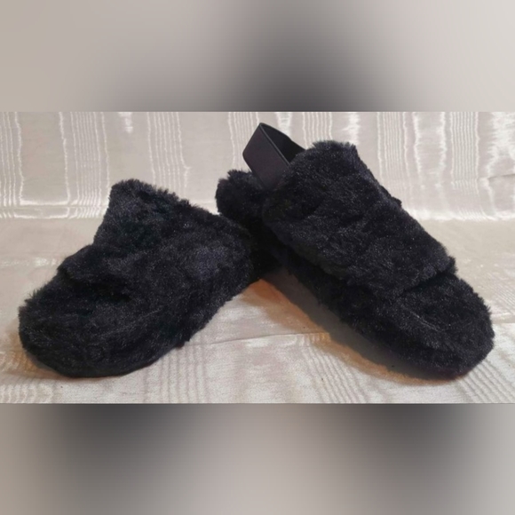 NWOT Ladies Slippers Faux Fur Fluffy Sliders Elastic Slingback Open Toe Slip On - Picture 6 of 6